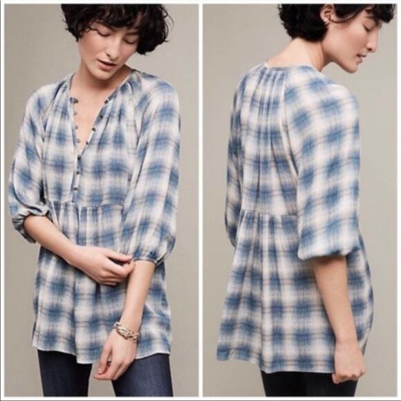 Anthropologie Maeve Cavalon Plaid Peplum Tunic Top Blue Size XSmall - Picture 1 of 9